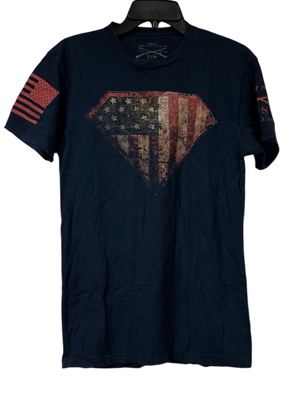 Grunt Style Navy Tee with Distressed Red & White Flag Shield